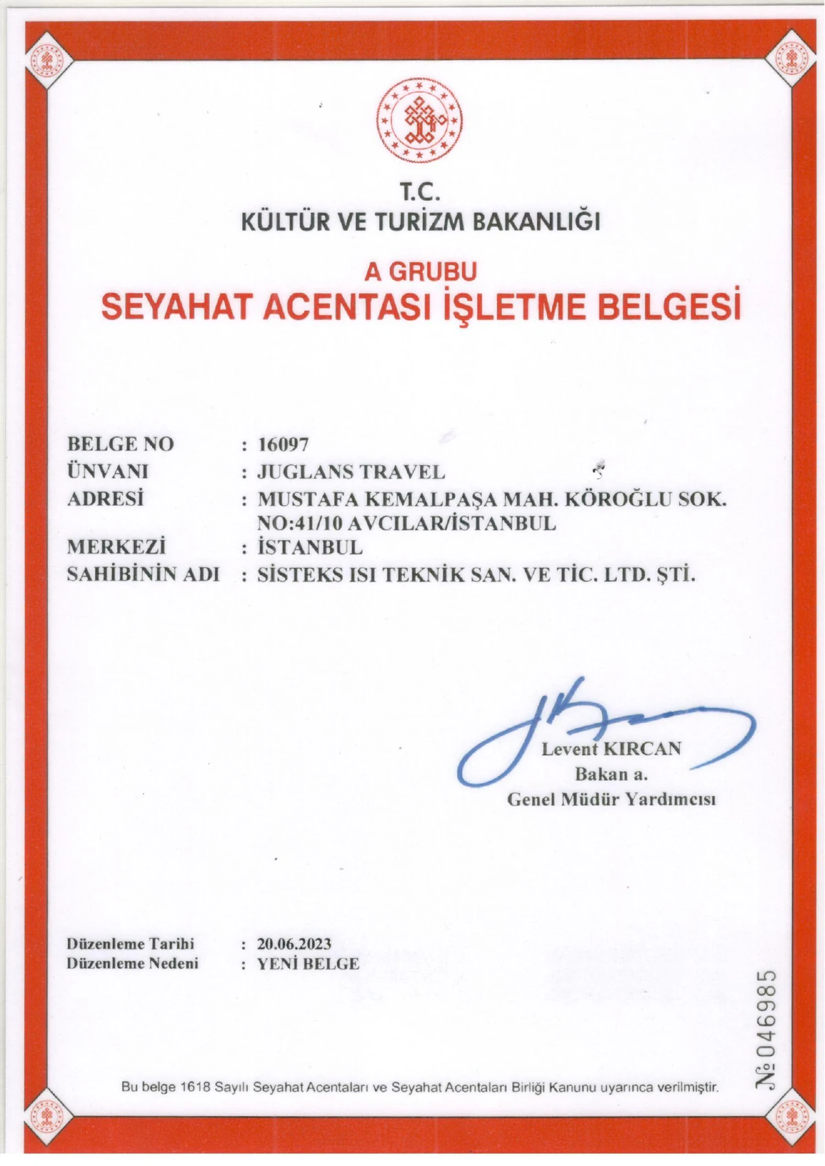 Juglans Travel 16097 numaralı A Grubu seyahat acentası işletme belgesi